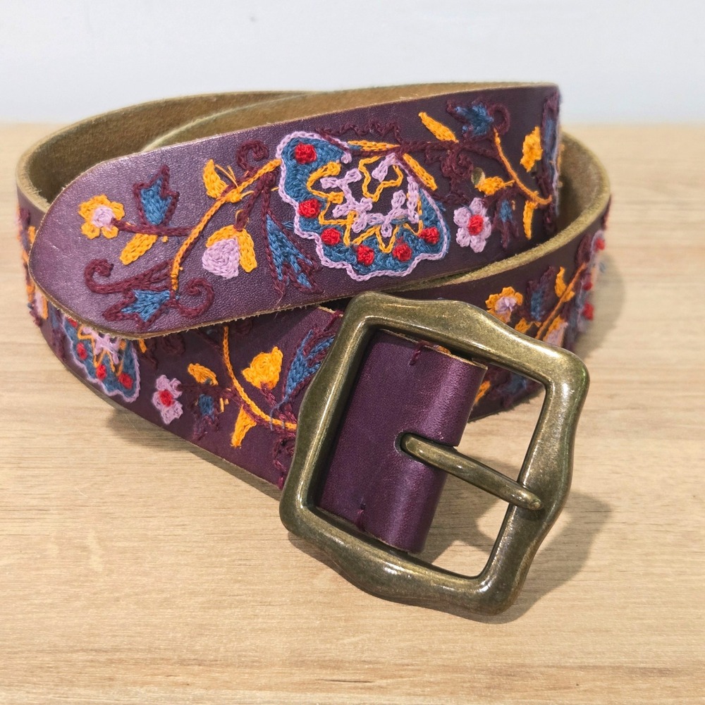 Lucky Brand Belt Women XL Plum Purple Leather Floral Embroidered Brass Cowgirl